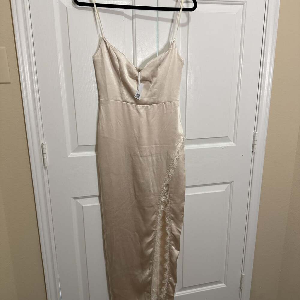 Saints and Secrets Champagne Satin Finish Maxi Dress